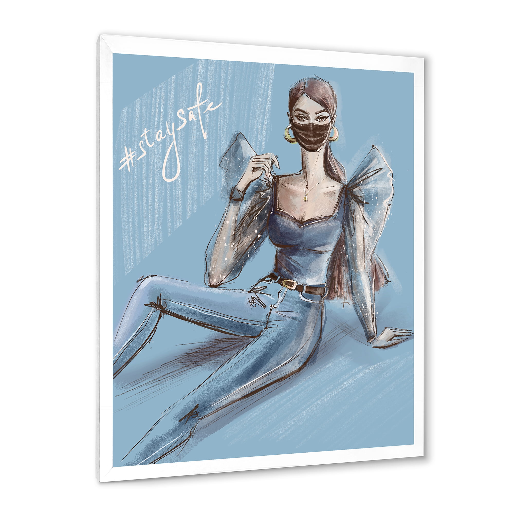Stylish Beautiful Woman Wearing Medical Mask 12 in x 20 in Framed Painting Canvas Art Print, by Designart