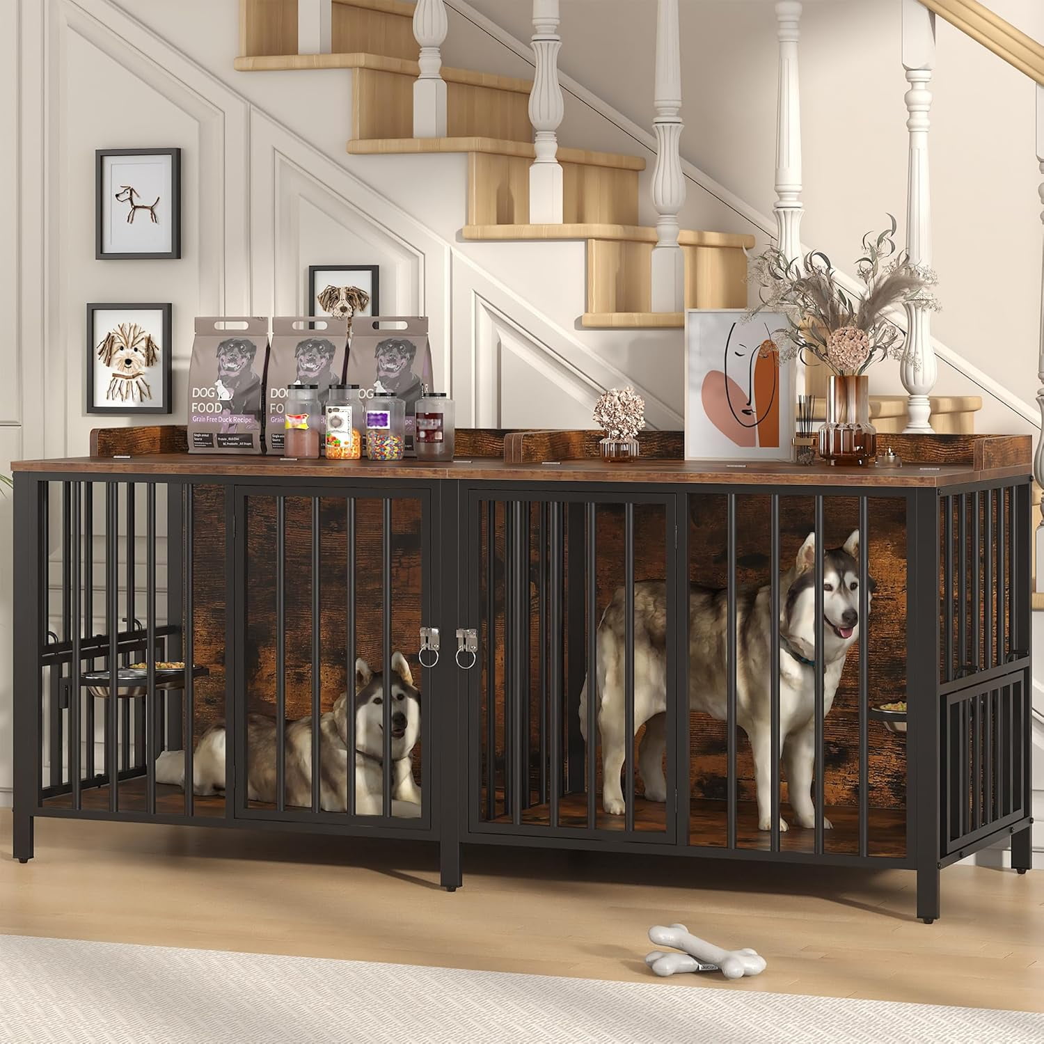 Frmobepts 78 Inch Double Dog Crate Furniture, Heavy Duty Extra Large Cage Furniture with Divider for 2 Dogs, Decorative Wooden Kennel Furniture Indoor, Metal Pet House for Large and Medium Dogs
