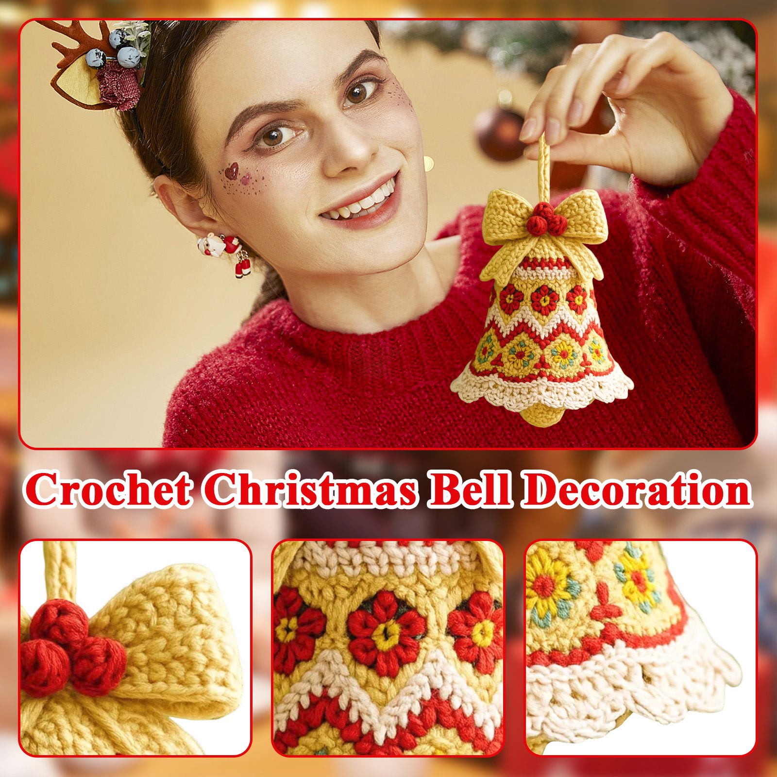 YWIYIUD 4inch DIY Crochet Ornament Kit, Christmas Bell Crochet Craft Kit with Yarn for Beginners, Christmas Bell Decoration Crochet Doll Hanging Ornament, Beginners Craft Decor 1PCS