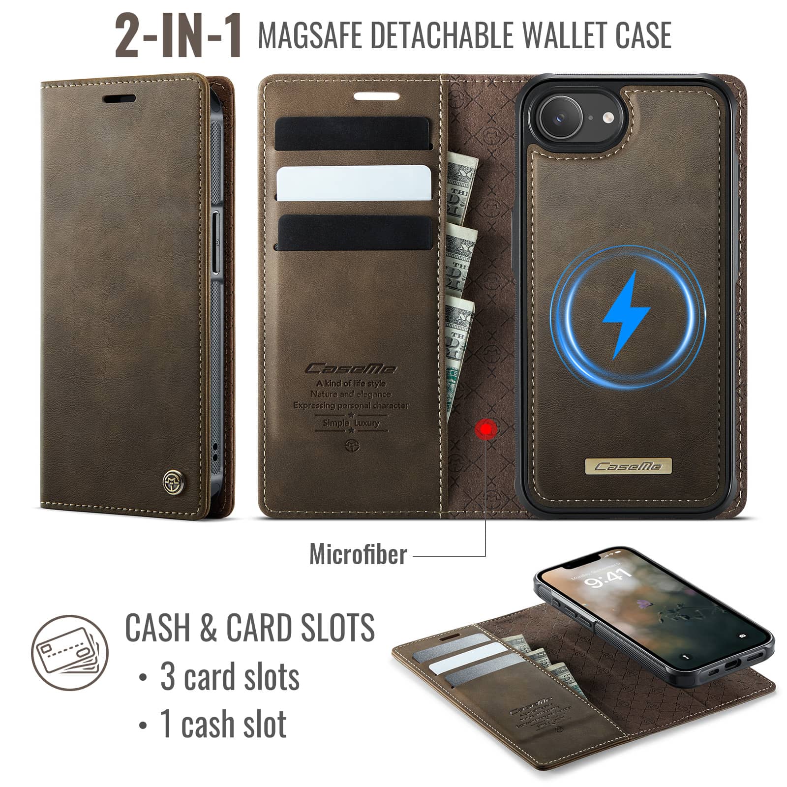 Magnetic 2 in 1 Magsafe Detachable Wallet Case for iPhone 16e with Card Holder Women Men, Retro PU Leather【RFID Blocking】Kickstand Shockproof Cover