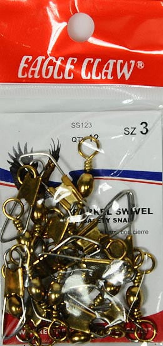 (4 pack) Eagle Claw Barrel Swivel with Safety Snap, Brass, Size 3