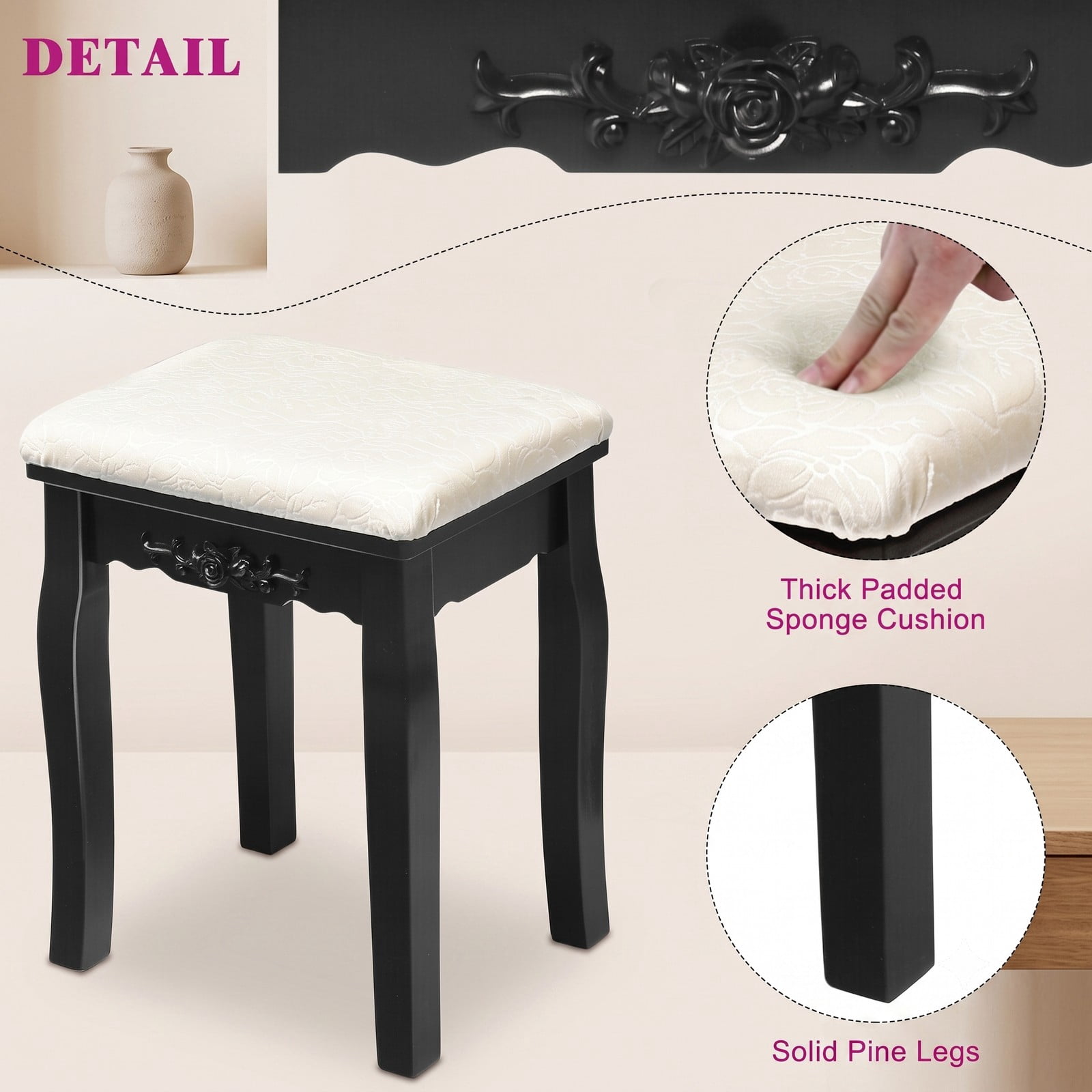 Furnibear Vanity Dressing Table with 10 Dimmable Light Bulbs and Cushioned Stool, Makeup Vanity Desk with 5 Drawers and Rotating Mirror, Black