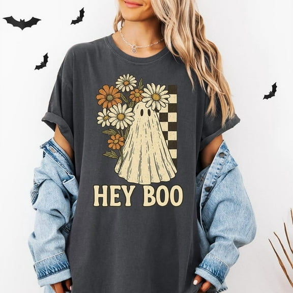 Hey Boo Ghost T Shirt, Spooky Halloween Shirt, Retro- Unisex Halloween Shirt, Womens Cute Ghost Tee, Floral Ghost Shirt
