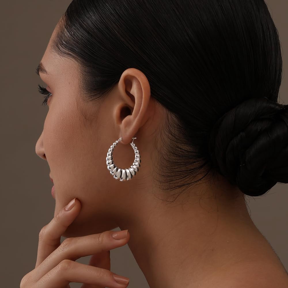LeCalla Sterling Silver Anti-Tarnish Shrimp Hoop Earrings for Women and Teen, 35MM