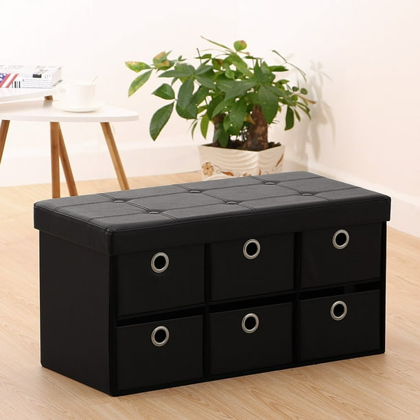Ollieroo PU Leather Folding Ottoman Storage Box Footstool Space Saver with 6 Drawer Dividers