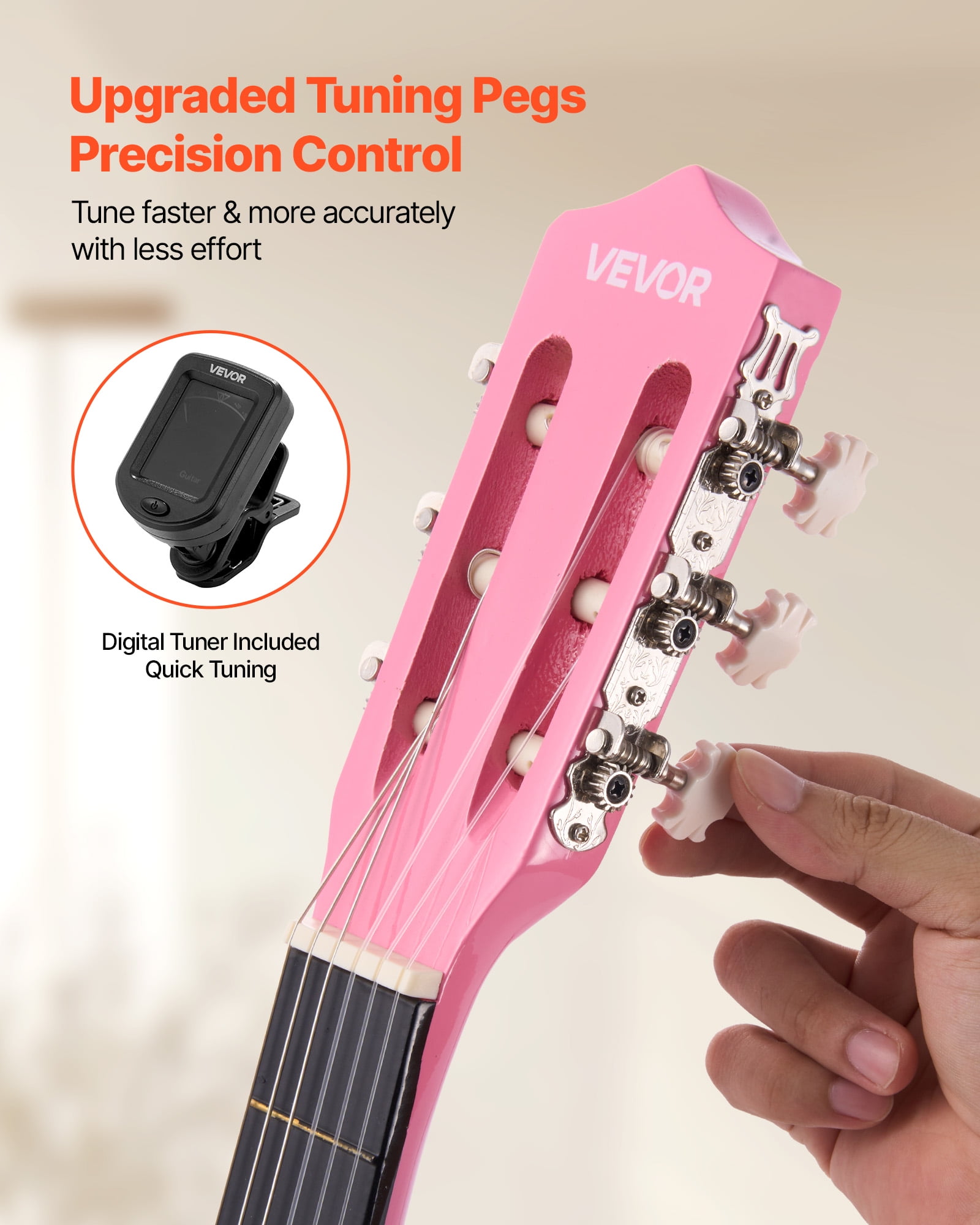 VEVOR 38in Classical Guitar, Wood Guitar Starter Kit for Beginners, with Nylon Strings, Gig Bag, Strap, Tuner, Extra Strings, Picks, Capo, Basswood, for Teenagers Adults Students, Pink
