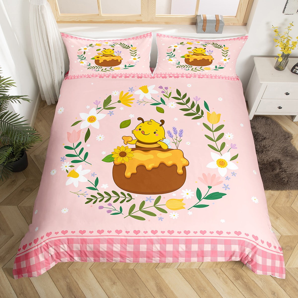 YST Yellow Bee Bedding Set, Sweet Honey Can Comforter Cover for Girls
