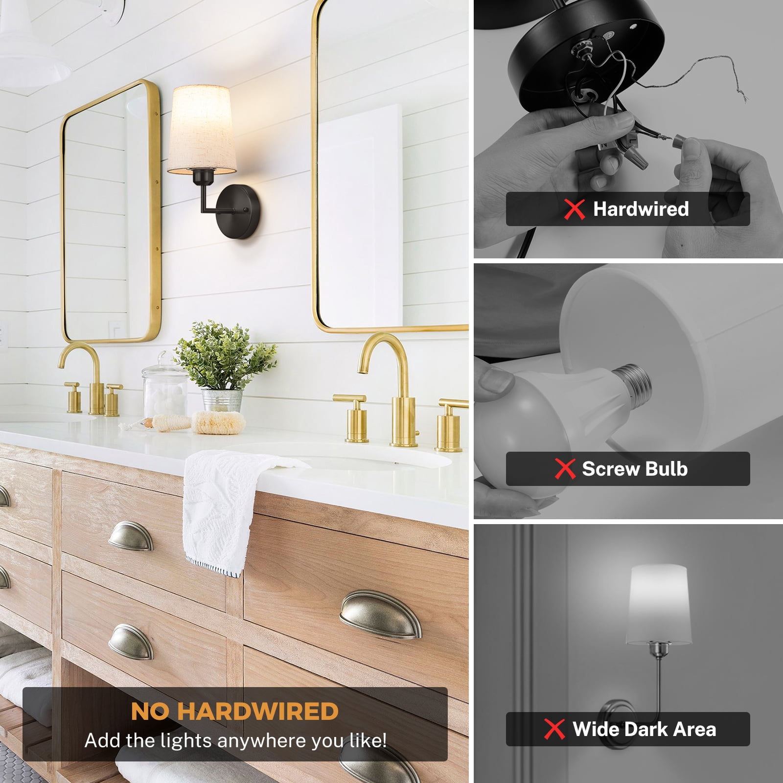 Wall Sconces Set of 2, Battery Operated Wall Lamp, Wireless Rechargeable Hallway Light with Remote, Dimmable Wall Light with Fabric Linen Shade for Bedroom Living Room