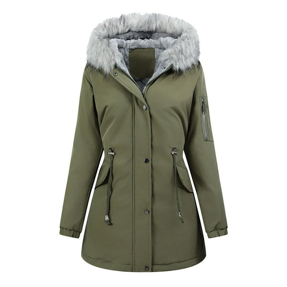 gakvbuo Women's Solid Color Button Long Sleeve Parkas Waist Bandage Zipper Hooded Outwear
