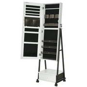 SONGMICS Jewelry Armoire Cabinet Floor Standing Lockable Jewelry Organizer Box with Wheels High Full-Length Mirror Bottom Drawer Shelf Distressed White and Black