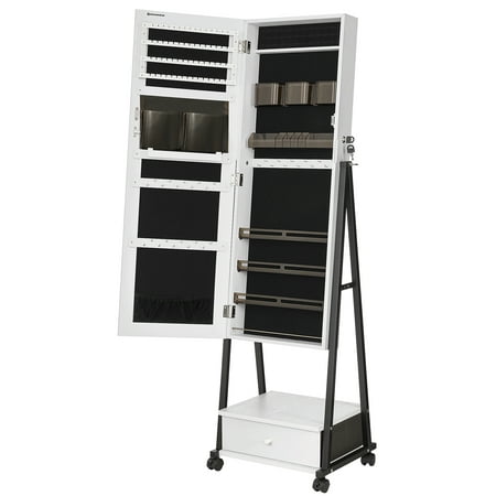 SONGMICS Jewelry Armoire Cabinet Floor Standing Lockable Jewelry Organizer Box with Wheels High Full-Length Mirror Bottom Drawer Shelf Distressed White and Black