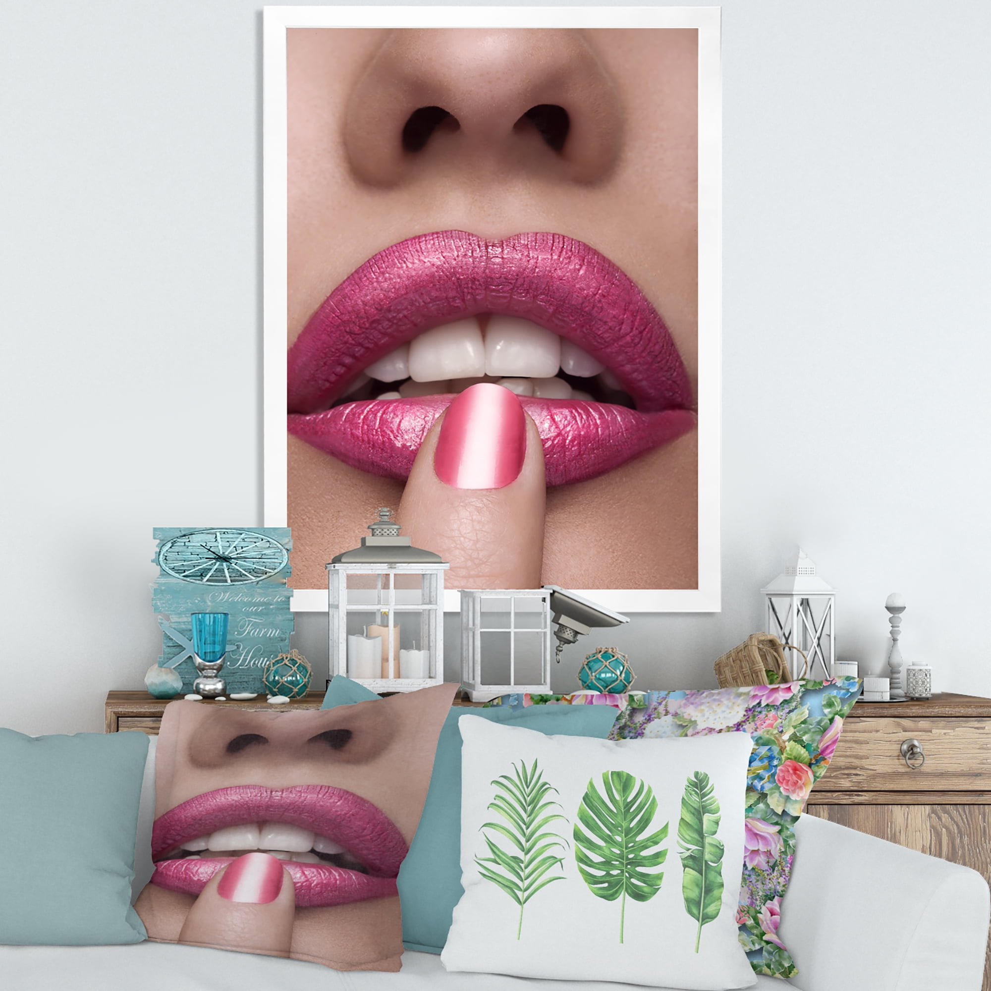 Designart 'Pink Female Lips With Finger On Mouth' Modern Framed Art Print