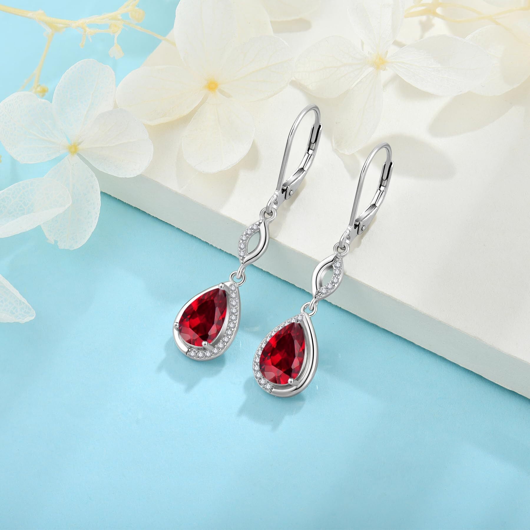 Inpasne Teardrop Dangle Drop Earrings for Women 925 Sterling Silver Leverback Ruby Earrings July Birthstone Jewelry Gifts for Mom Her Wife Girlfriend