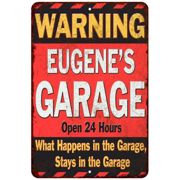 EUGENE'S Garage Warning Man Cave Wall Decor 12 x 18 Matte Finish Metal 112180030083