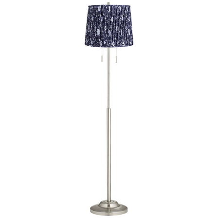 360 Lighting Abba Modern 65" Tall Standing Floor Lamp Twin Pull Chain Silver Metal Brushed Steel Finish Pleated Deep Blue Shade