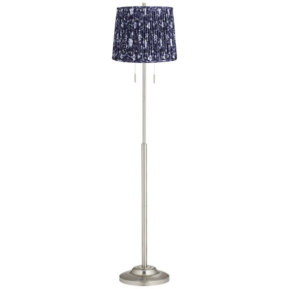 360 Lighting Abba Modern 65" Tall Standing Floor Lamp Twin Pull Chain Silver Metal Brushed Steel Finish Pleated Deep Blue Shade
