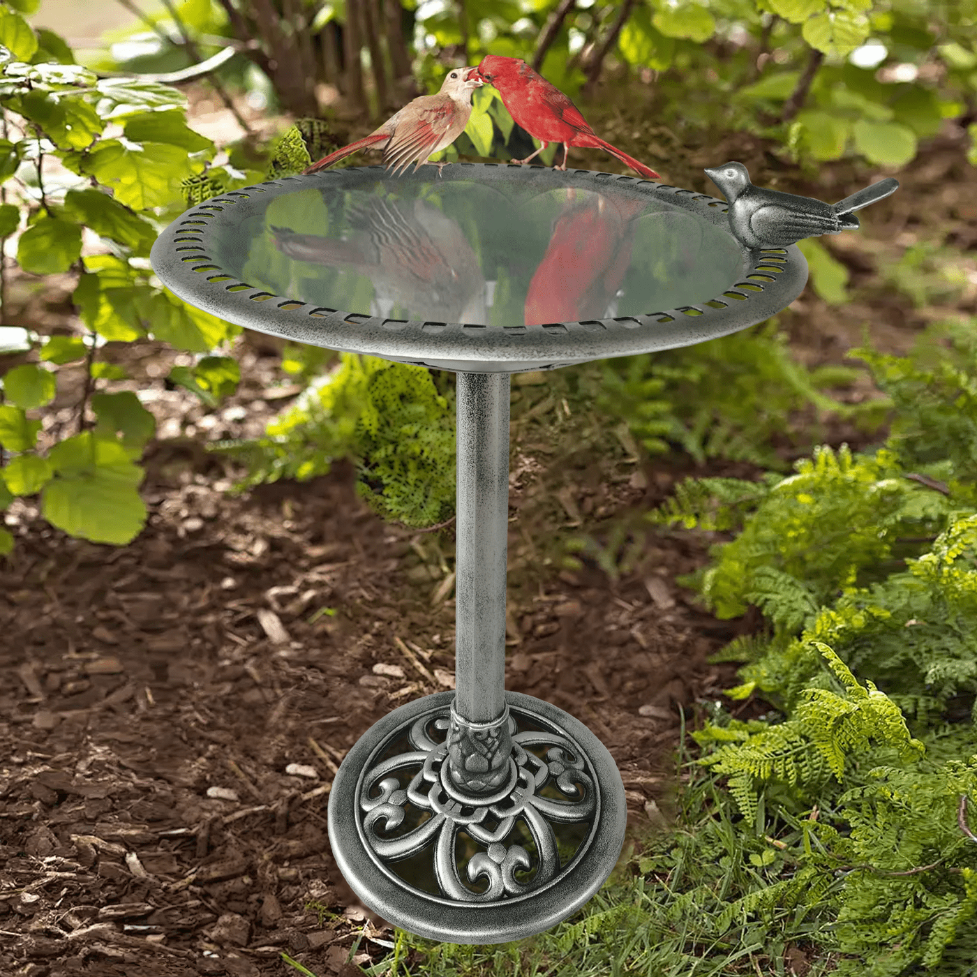 29 Inch Polyresin Lightweight Outdoor Garden Bird Bath - Silver