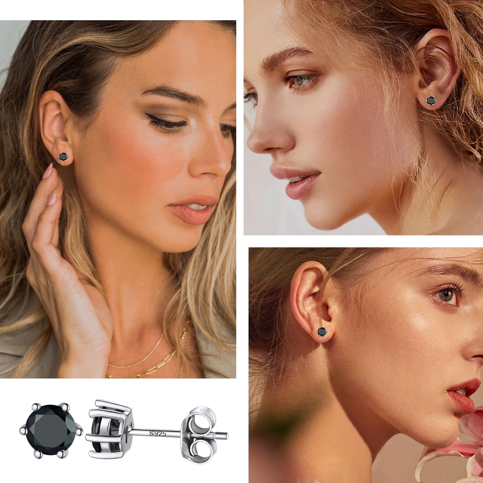 Suplight 925 Stelring Silver Simulated Diamond Black Cubic Zirconia Stud Earrings for Women Men 9mm