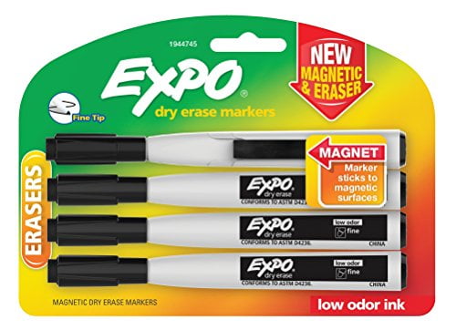 EXPO 1944745 Magnetic Dry Erase Markers with Eraser, Fine Tip, Black, 4-Count