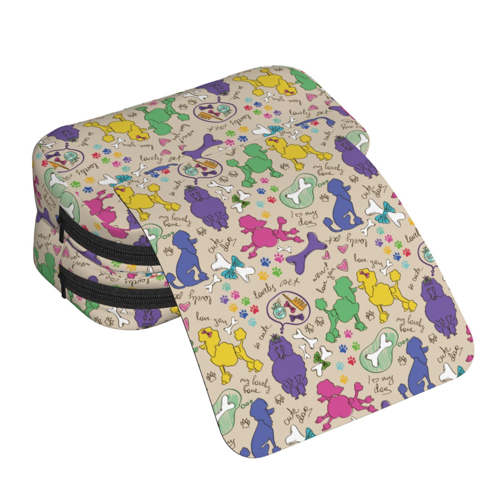 Rateoe Colorful Poodle Dog Pattern Double Clamshell Pen Case, Storage Organizer with Two Zipper Compartments– Holds Up to 50 Pencils & Pens
