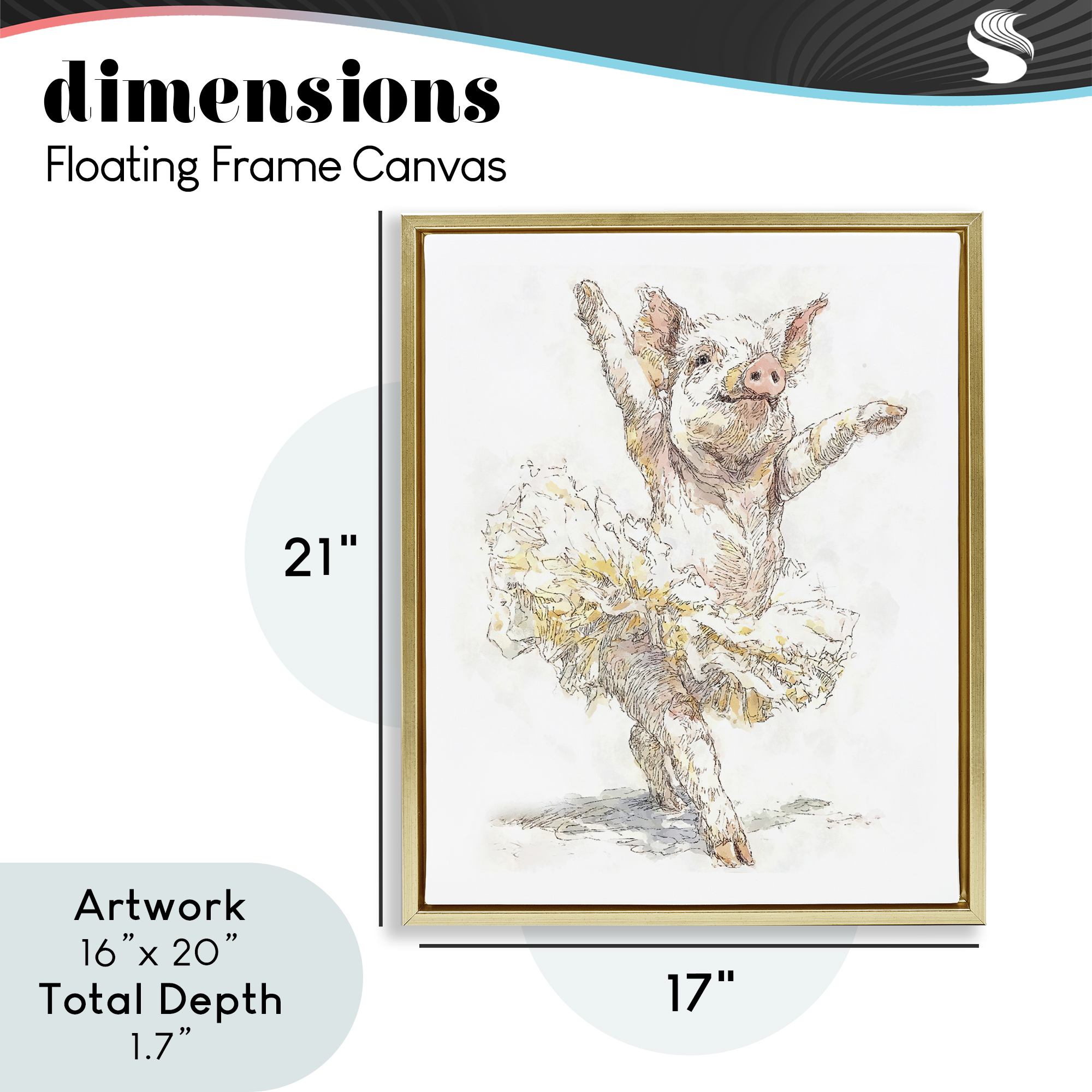 Ballet Pig Tutu Gold Framed Floater Canvas Wall Art, design by Ziwei Li