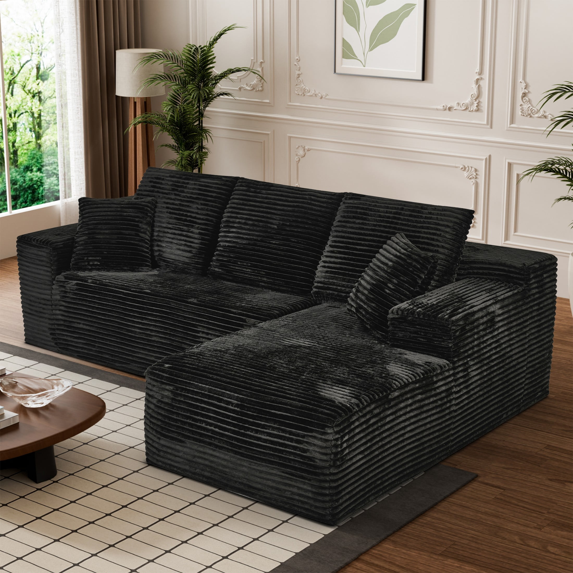 Aukfa 107" Cloud Modular Sectional Couch with Right-Facing Chaise, Corduroy Deep Seat Boneless Sofa for Living Room, Apartment, Black
