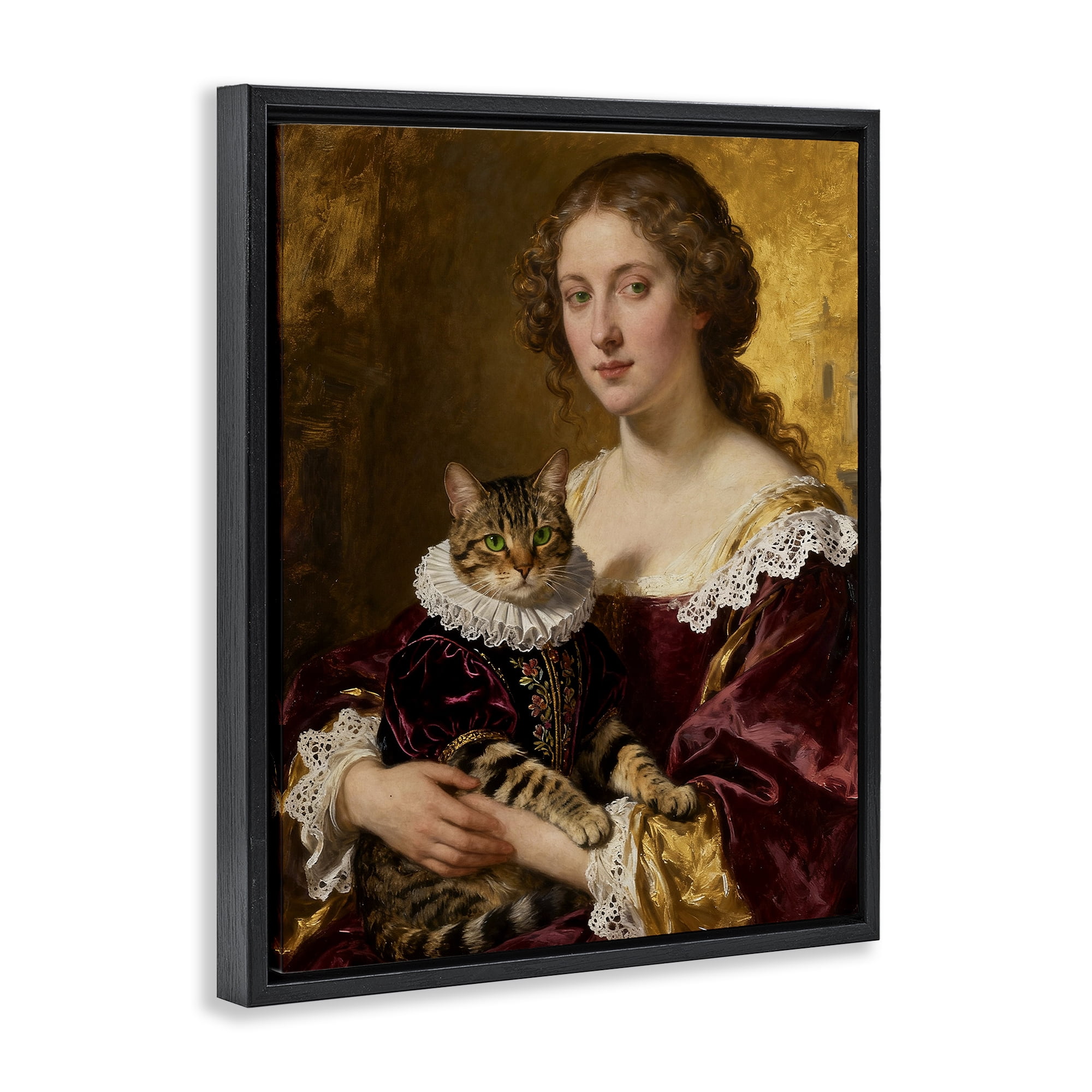 Stupell Industries Renaissance Lady with Regal Cat Black Framed Floater Canvas Wall Art, design by CAD Designs