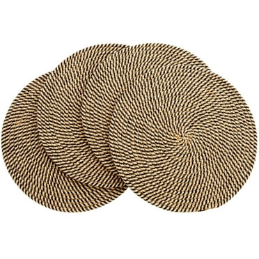 Set of 4 Round Jute Placemats for Table, Woven Chargers for Plates, Indoor, Outdoor (Blue and Tan Pattern, 13 in)