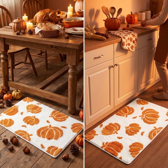 Pumpkin Bath Mat, Fall Tufted Bathroom Rug Absorbent Non Slip Floor Mat Washable Seasonal Decor, Entryway Kitchen Shower Accent Rug for Thanksgiving Halloween Autumn Home