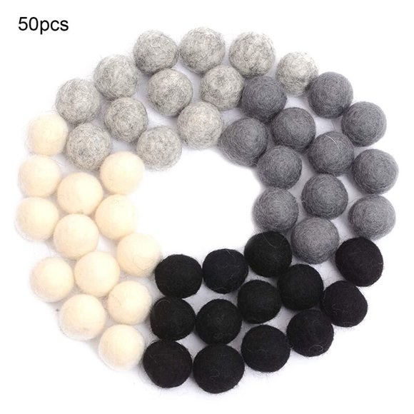 Felt Pom Poms, Wool Felt Balls (50 Pieces) 2 Centimeters - 0.8 Inch, Handmade Felted Monochrome Colors (Coconut, Stone, Smoke, and Black) - Bulk Small Puff for Felting and Garland