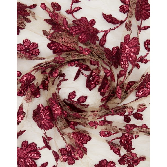 Zelouf Valeria Embroidery On Lace Mesh , Sewing, DIY, Crafts Fabric by the Yard, Sand/wine, 3 Yard