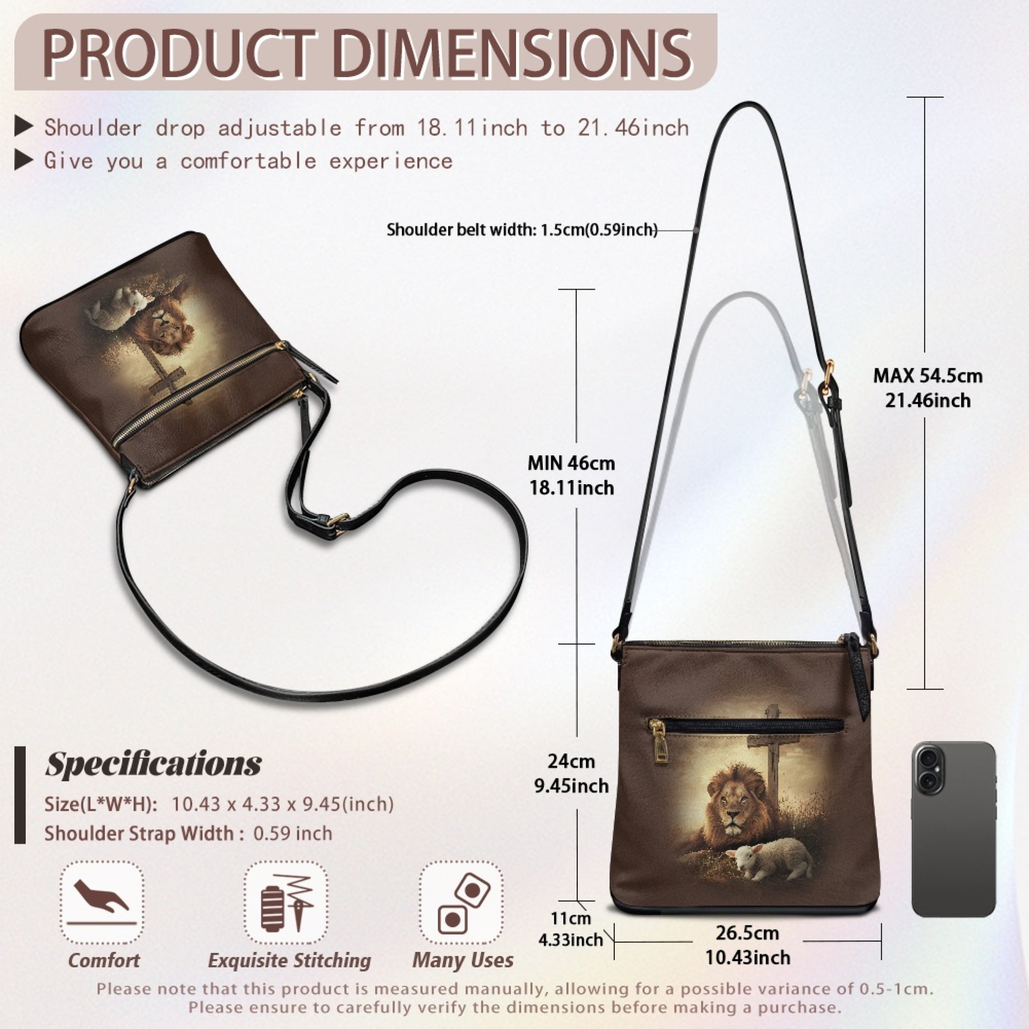 Kuiaobaty Lion Lamb Cross Print Crossbody bag for Women, Medium Size Portable Leather Satchel Purse with Adjustable Strap, Lightweight Messenger Handbag Crossbody for Travel