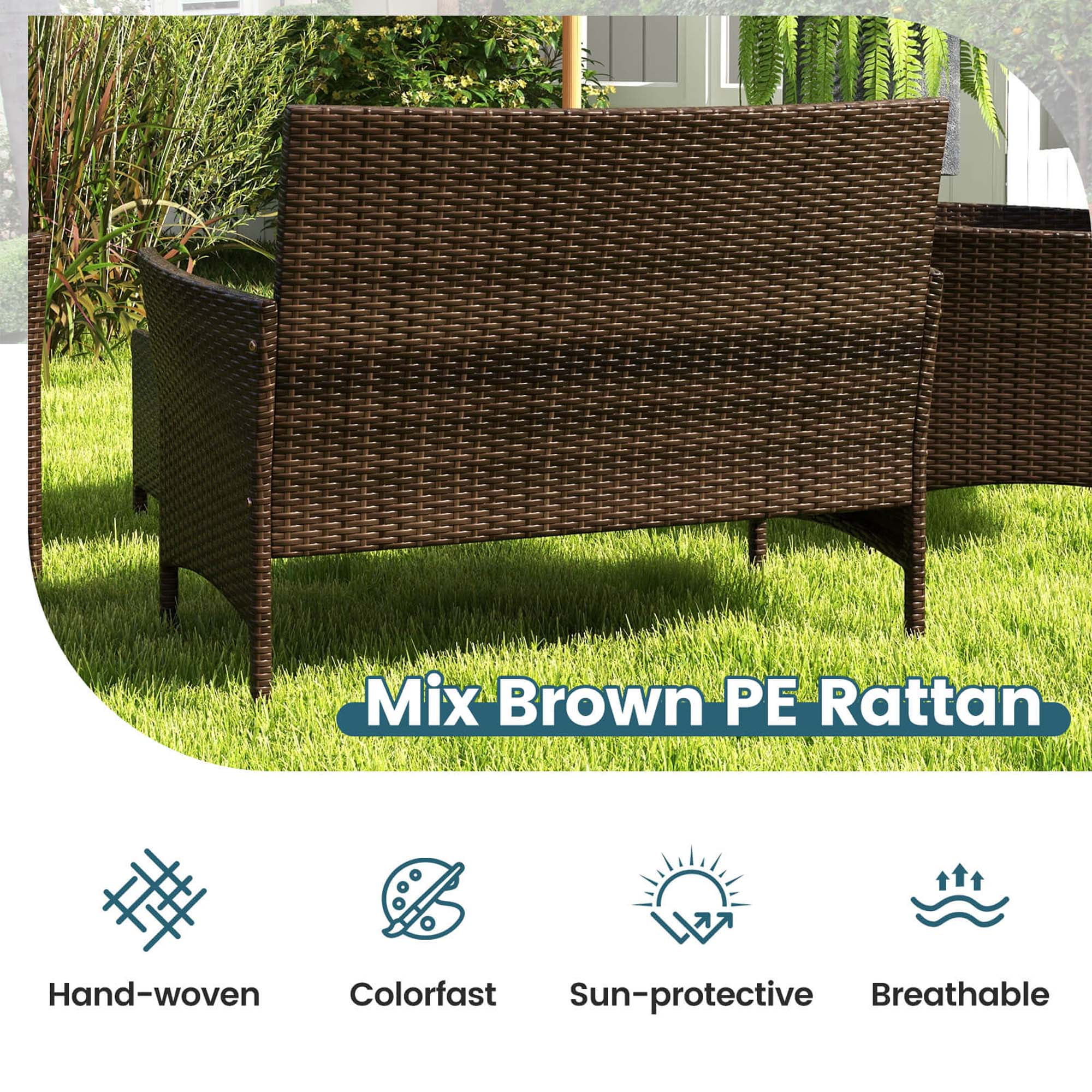 Costway 8 PCS Patio Furniture Set with Washable Cushions and Tempered Glass Coffee Table Blue