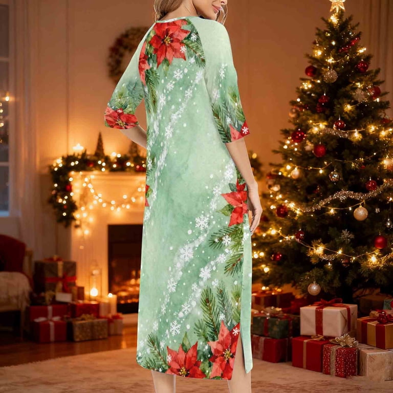 Women Christmas Nightgown Long Sleeve Zipper Front Robes Full Length Xmas Graphic Pajama Dress Loungewear (XL, Green)