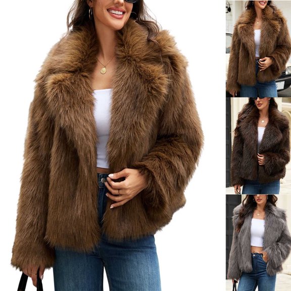 MexChoioe Womens Belted Faux Fur Winter Jacket Lapel Collar Long Sleeve Mid Length Relaxed Outer Coat for Womens