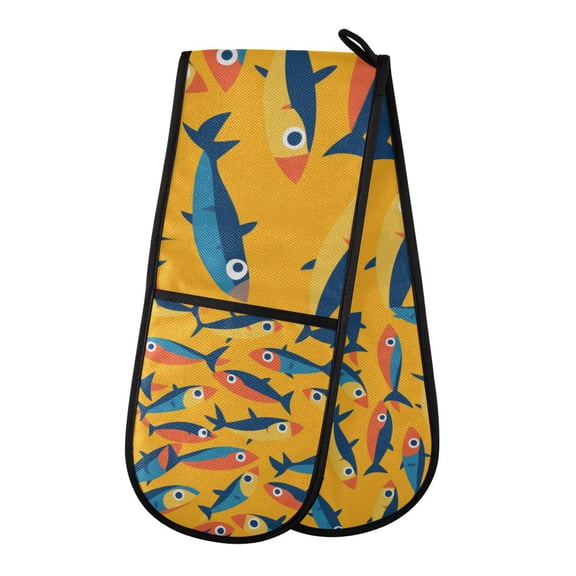 Yayeee Double Oven Mitt Kitchen Heat Resistant Baking 35" x7" Quilted Glove, Yellow Sardines Pattern