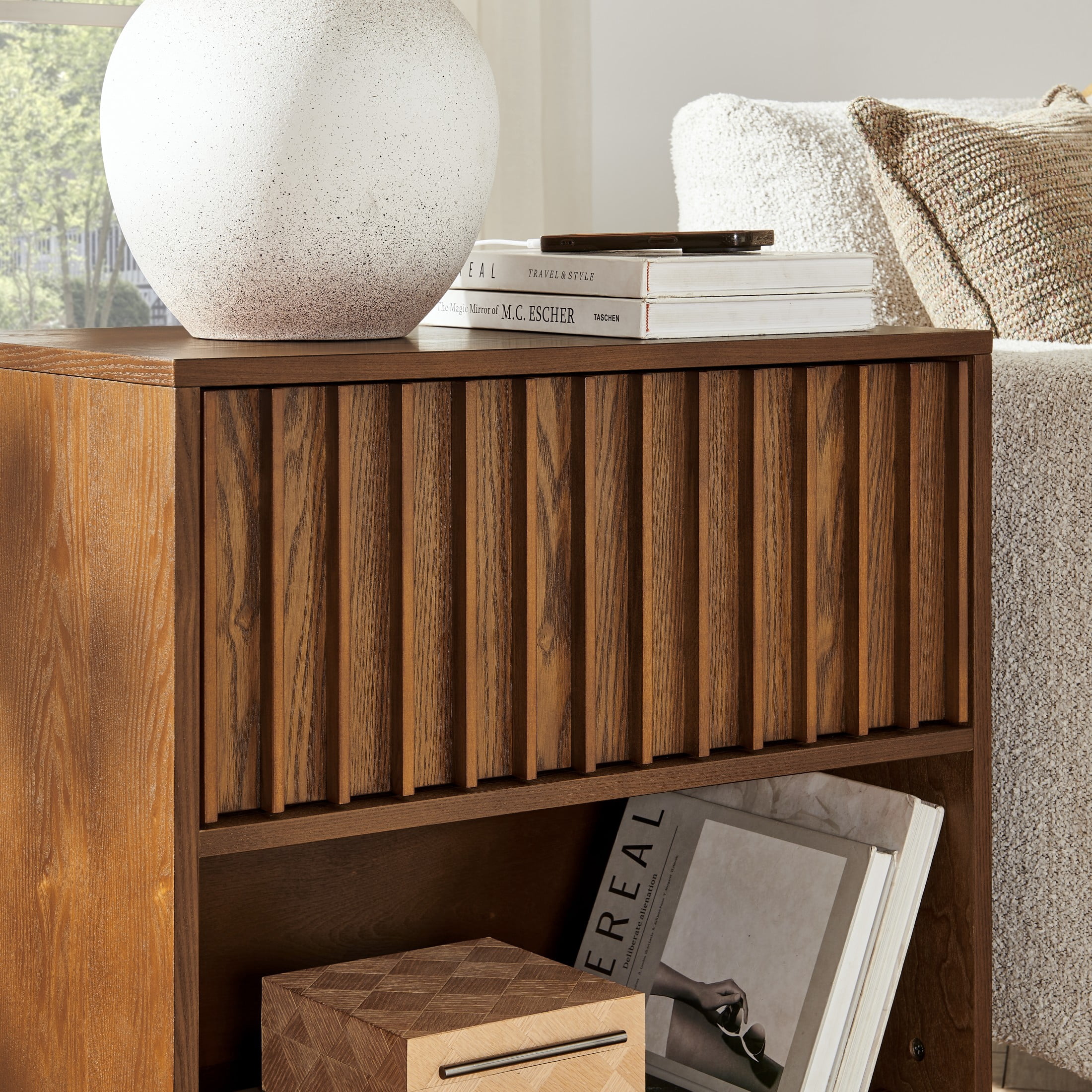 GDF Studio 23.4" Grille Slat Nightstand with Charging Station, Drawer & Open Shelf, Walnut