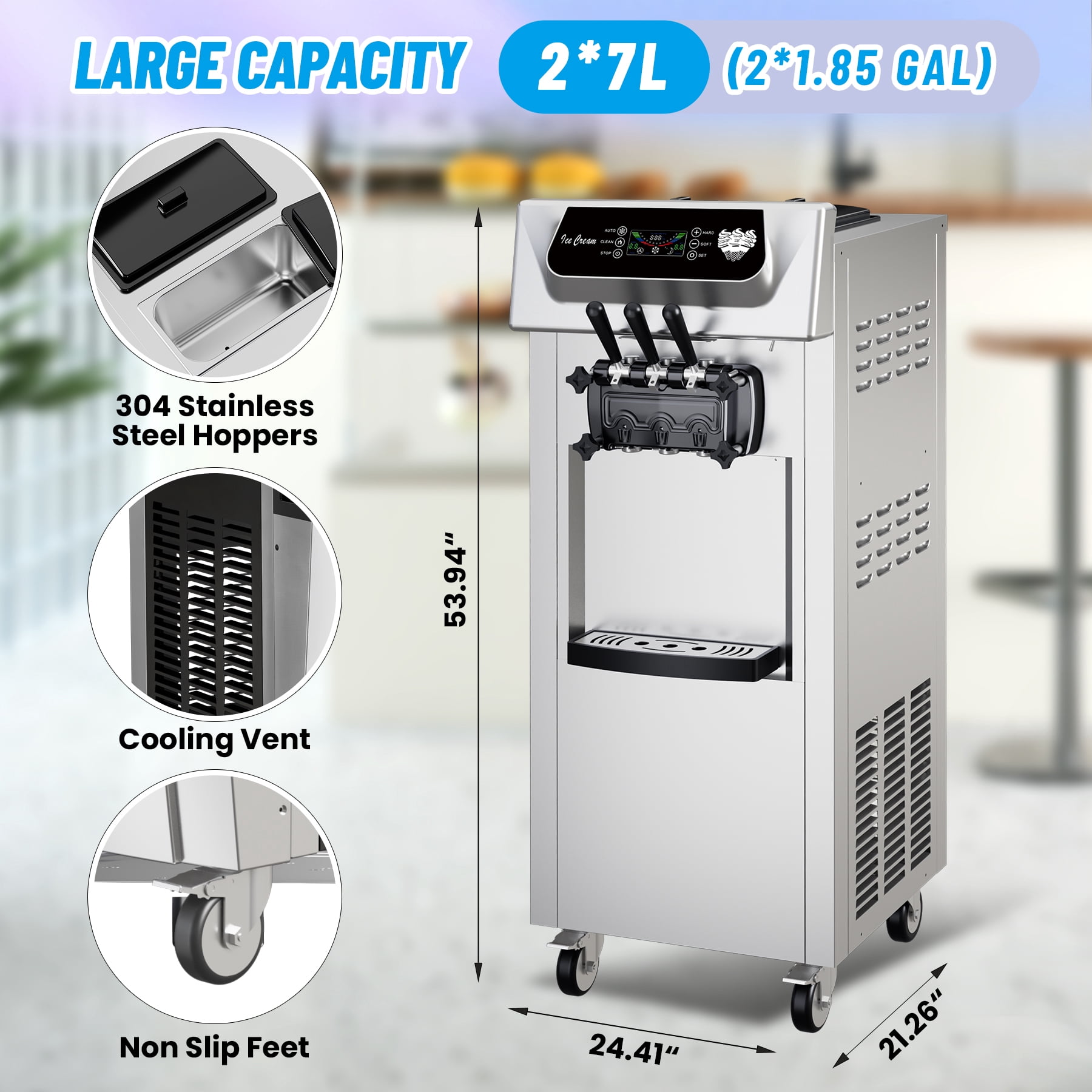 IdealHouse 2+1 Flavor Commercial Ice Cream Machine, Soft Serve Maker 5.8–8 Gal/Hr, LCD Touchscreen, Auto Cleaning, High Output for Home Snack Bar Restaurants
