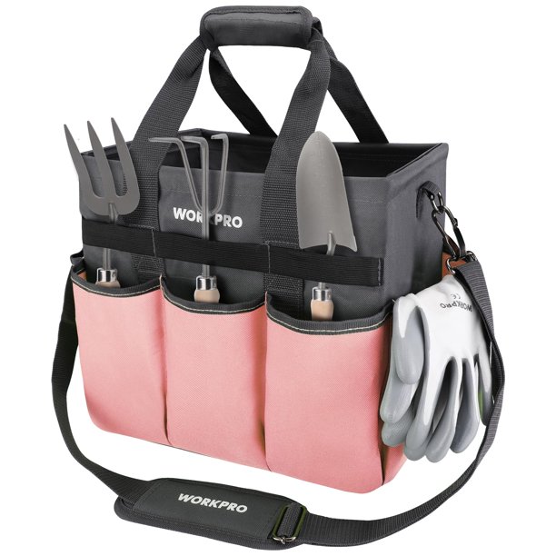 Bolsa para herramientas de jardín WORKPRO Heavy Duty con 10 bolsillos, color rosa