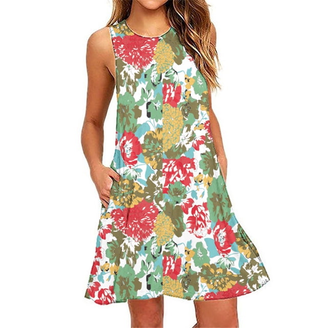 Fankiway Robes d'Été Femmes Plage Floral Sans Manches Robe d'Été Décontractée Poches Robe Bohème Robes d'Été pour Femmes Robes Sans Manches pour Femmes Grande Taille