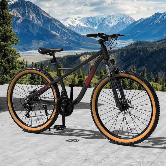 ModFusion 26-Inch Aluminum Alloy Mountain Bike, 21-Speed, Disc Brakes, Black with Brown Tires, 85% Assembled