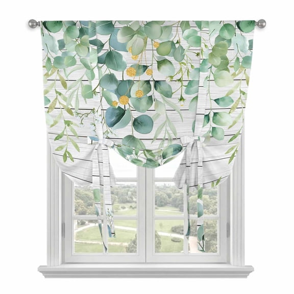 Green Tie Up Curtains for Windows, Adjustable Balloon Window Shades, Eucalyptus Leaves Kitchen Window Treatments Farmhouse Short Curtains with Rod Pocket 42"x45"