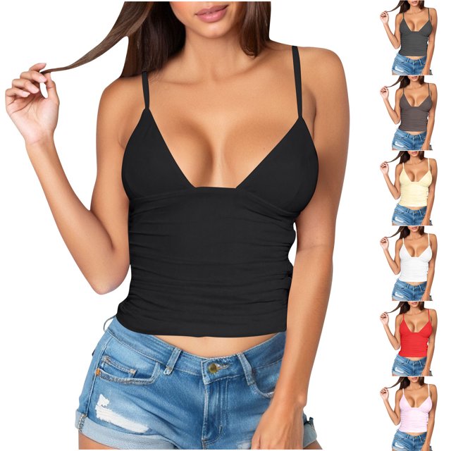 BiZtdJrK Débardeurs Courts pour Femmes, Décolleté Plongeant, Sans Manches, Mode Été, Bretelles Spaghetti, Y2k, Sortie, Rouge G