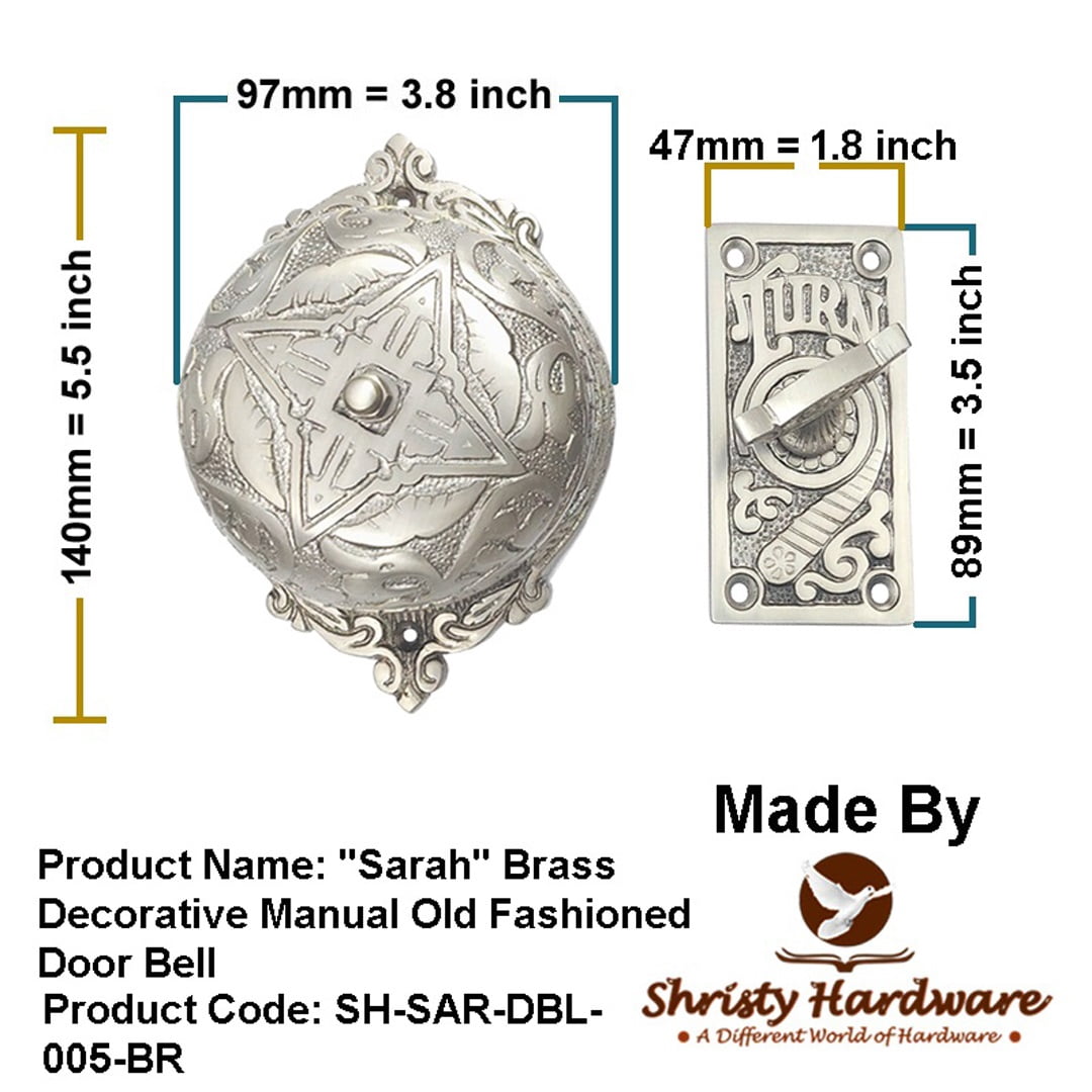 Shristy Hardware "Sarah" Brass Manual Old Fashioned Door Bell – Vintage Twist Bell with Key Plate – Mechanical Doorbell for Home – (Pack of 1 Satin Nickel Finish) - PT-2