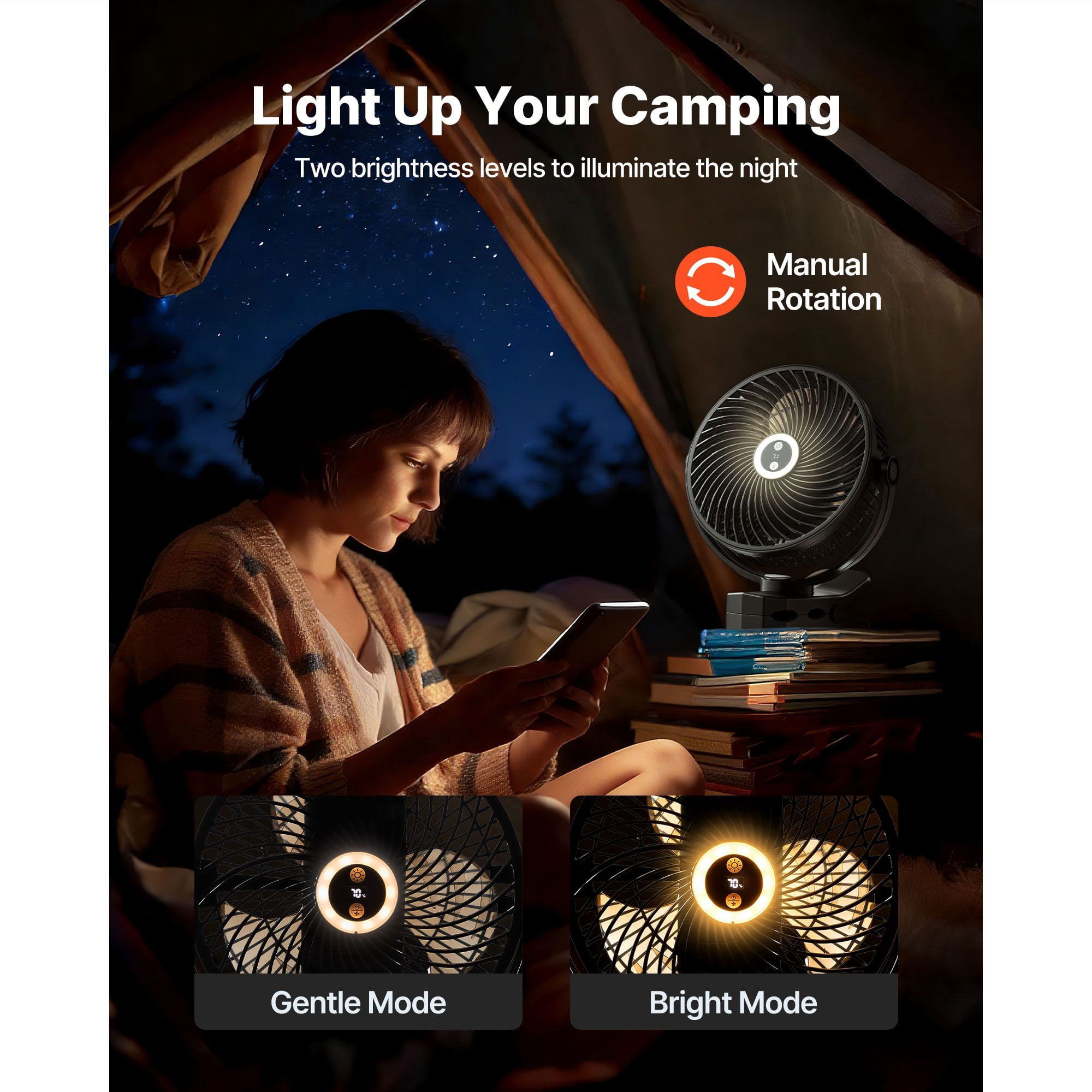 Clip Fan with LED Light, 2-Level Camping Light, 4 Speeds + Circulation Mode, 37Wh Dual-Cell Battery, Type-C Fast Charging, Touch Control for Desk and Outdoor
