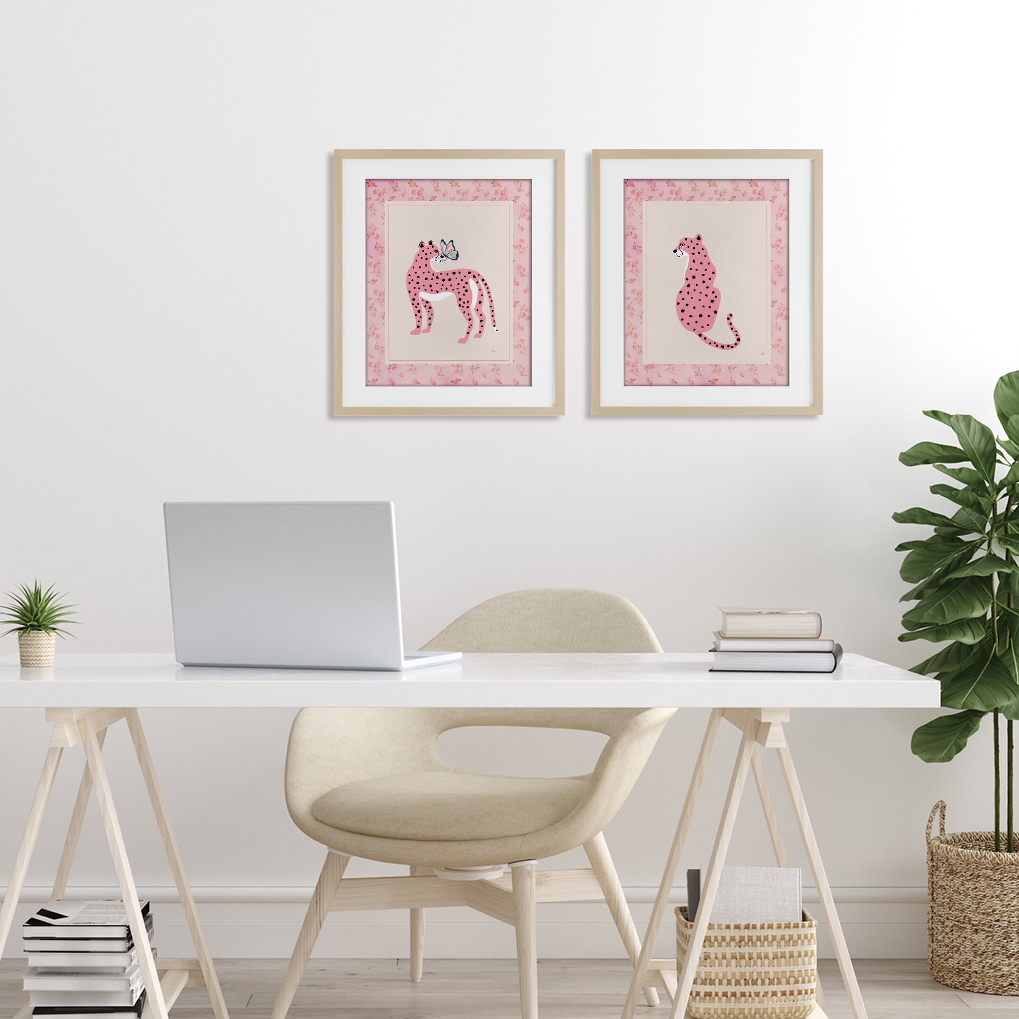 Stupell Industries Pink Leopard & Floral Border 2 Piece Birch Framed Print Under Glass Set, design by Natalie Carpentieri
