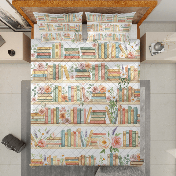 Lotusprinthandmade Bookshelf Floral Quilt Bedding Set (White Binding) 5 Sizes (Made in Vietnam) (55x60) – Book Gifts Quilt Bedding Set