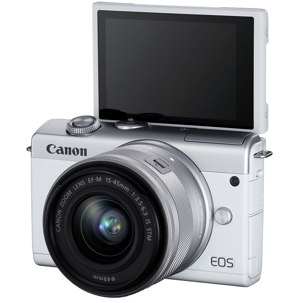 One silver and white Canon EOS M200 Mirrorless Camera with EF-M 15-45 mm IS STM Kit and black details on the flip screen and lens