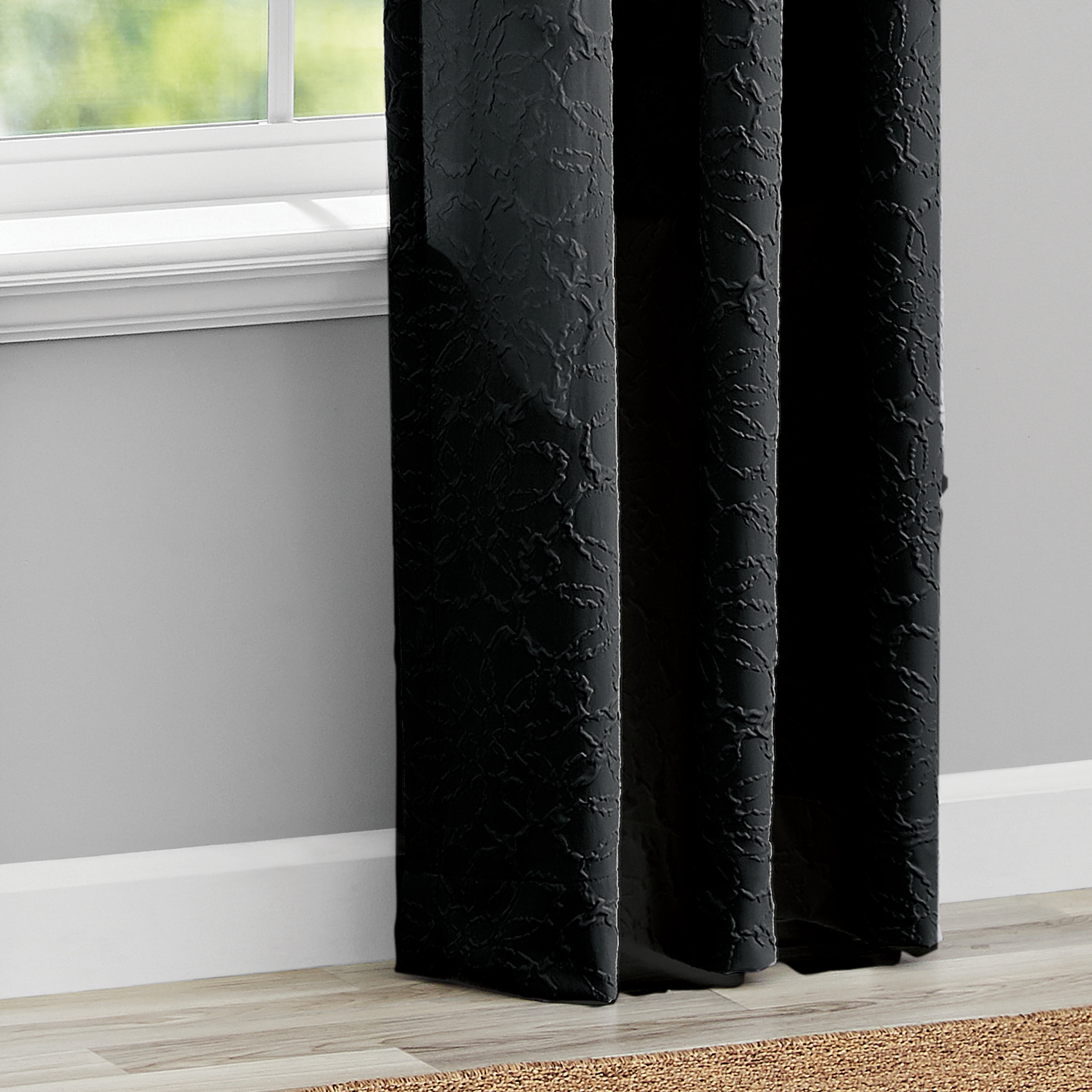 Mainstays Microsculpt Floral Rod Pocket Curtain Pair, Set of 2, Black, 37 in x 95 in