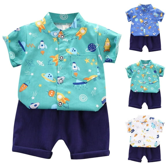 DAETIROS Outfit Sets for Little Boys-Comfy Cotton Collared Graphic Short Sleeve T-Shirt and Shorts Boys Summer Clothes Green Size 0-7